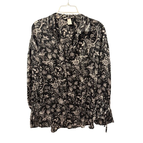 H&M Floral Black White Long Sleeve Blouse Polyester Botanical Print Sz L - Picture 7 of 12